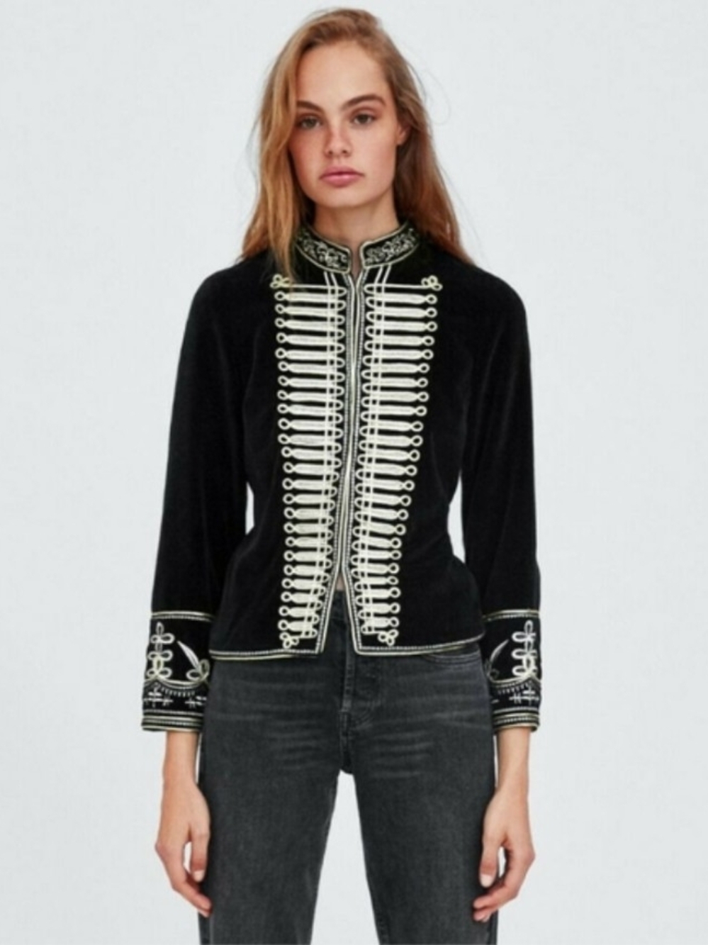 Zara Black Military-Style Blazer with Cream Trim